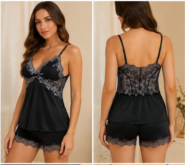 Babydoll preto com renda branca visto de frente e costas